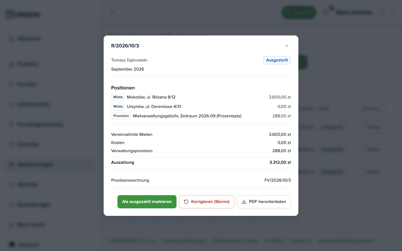 Ausgestellte Abrechnung mit verknüpfter Provisionsrechnung