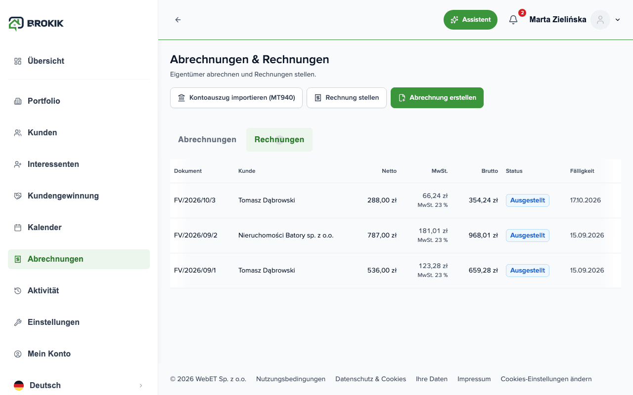 Liste der MwSt.-Rechnungen mit Netto- und 23%-MwSt.-Aufschlüsselung