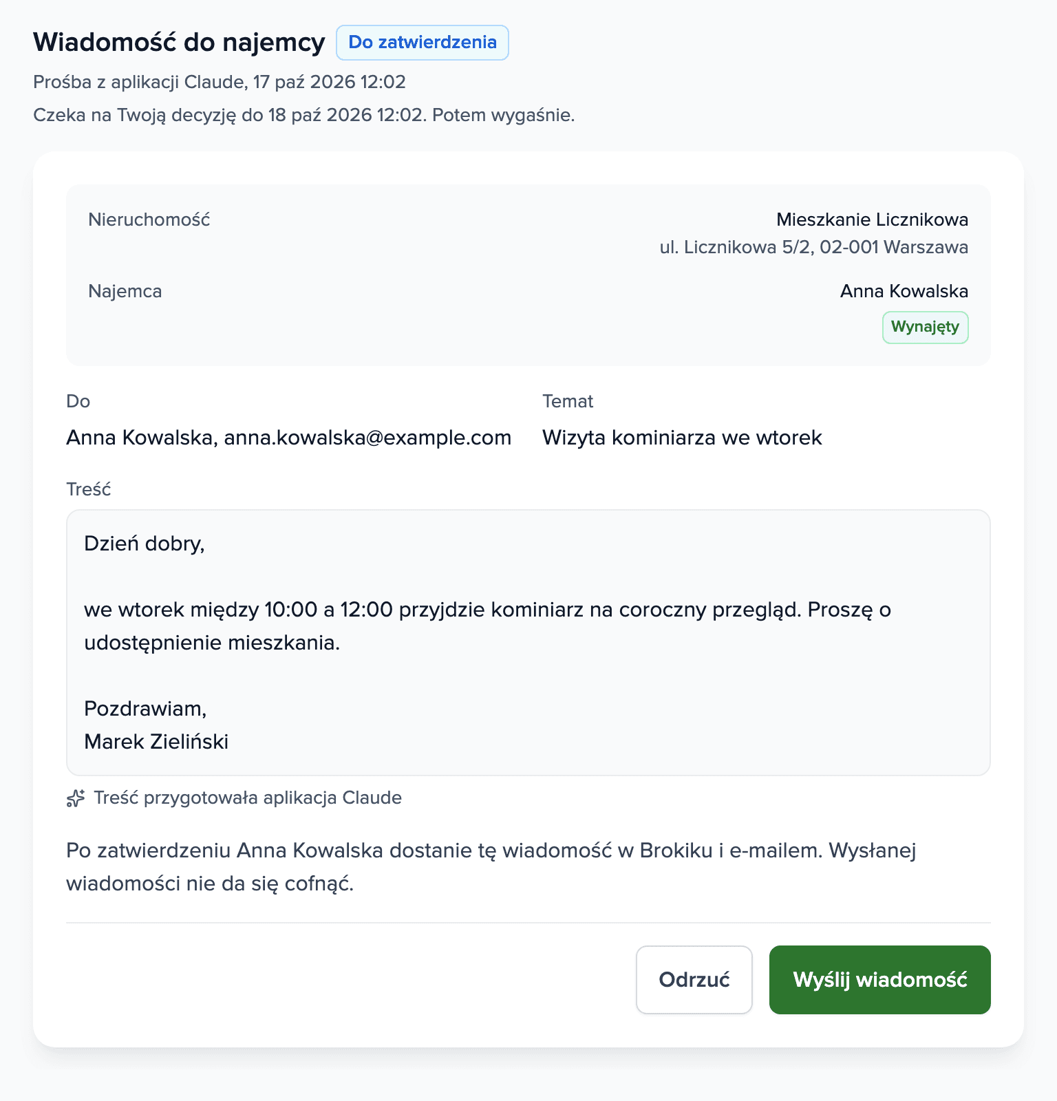 Prośba aplikacji Claude w Brokiku: wiadomość do Anny Kowalskiej o przeglądzie kominiarskim we wtorek, z przyciskami Odrzuć i Wyślij wiadomość.