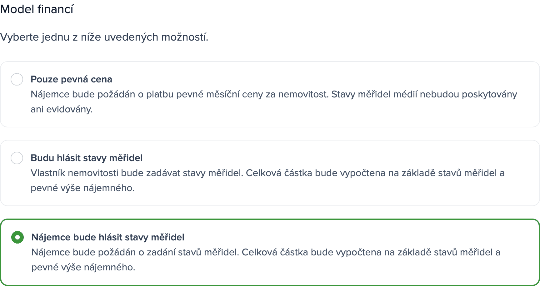 Nastavení měřidel nemovitosti: sekce Model financí s vybranou možností Nájemce bude hlásit stavy měřidel.