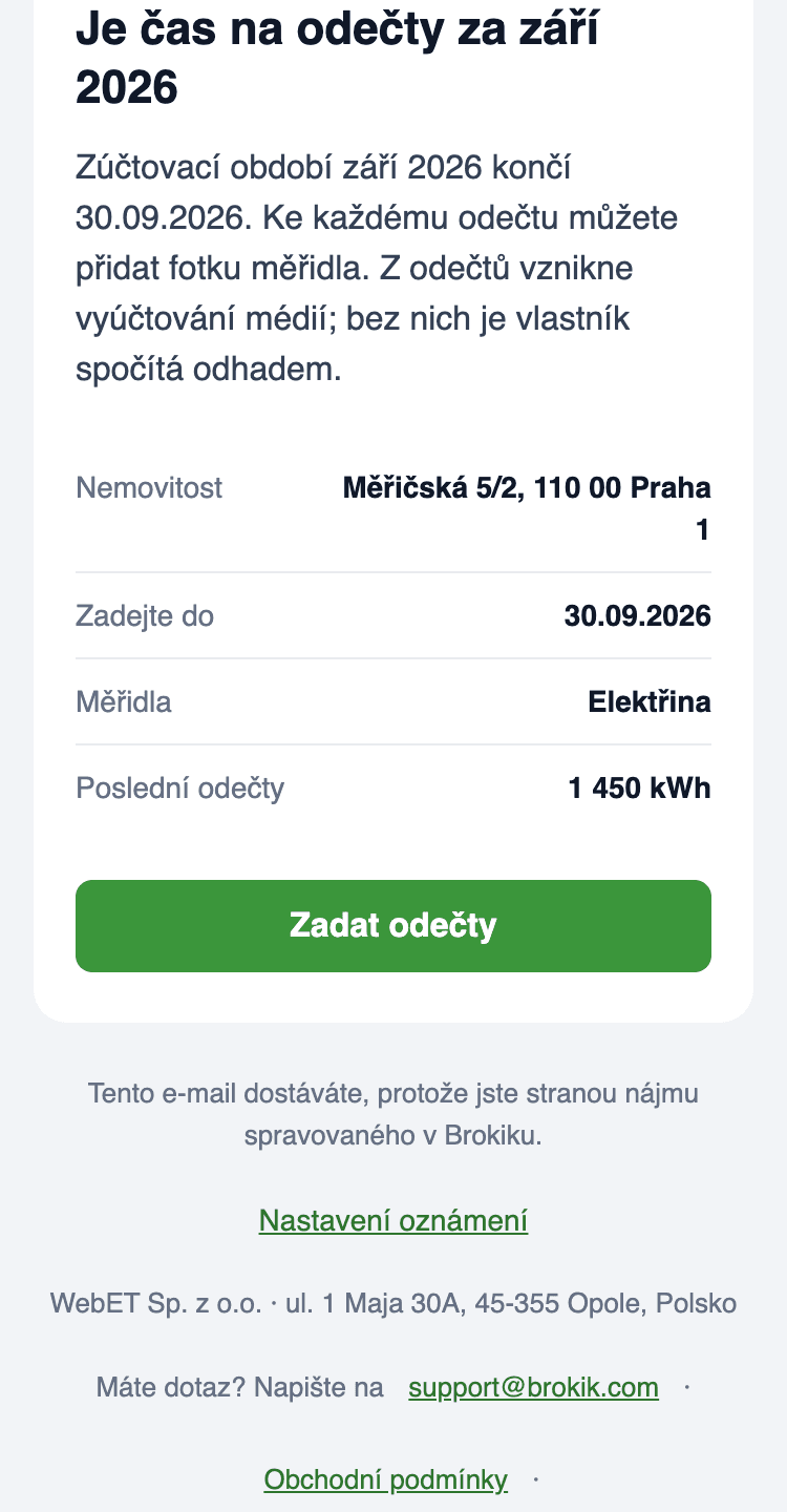 E-mail Čas na odečty v mobilu: jednotka Měřičská 5/2, 110 00 Praha 1, termín 30.09.2026, měřidla Elektřina, poslední odečet 1 450 kWh a tlačítko Zadat odečty.