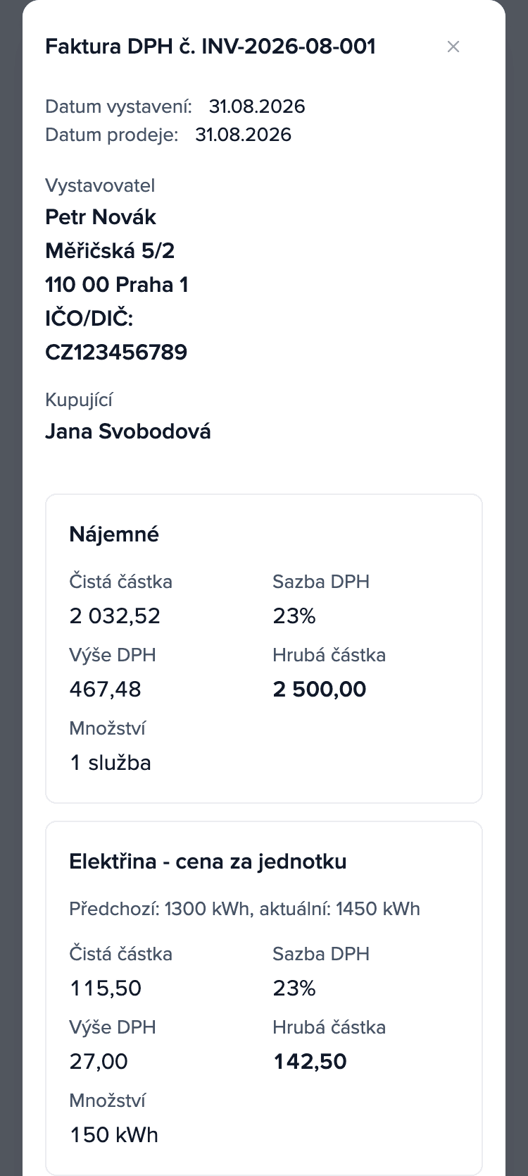 Vyúčtování za srpen 2026 v mobilu nájemce, faktura INV-2026-08-001: nájemné 2 500,00 Kč a položka „Elektřina - cena za jednotku”: 150 kWh, celkem 142,50 Kč.