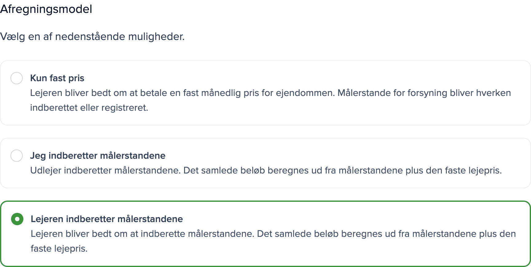 Ejendommens målerindstillinger: afsnittet Afregningsmodel med valgmuligheden Lejeren indberetter målerstandene markeret.