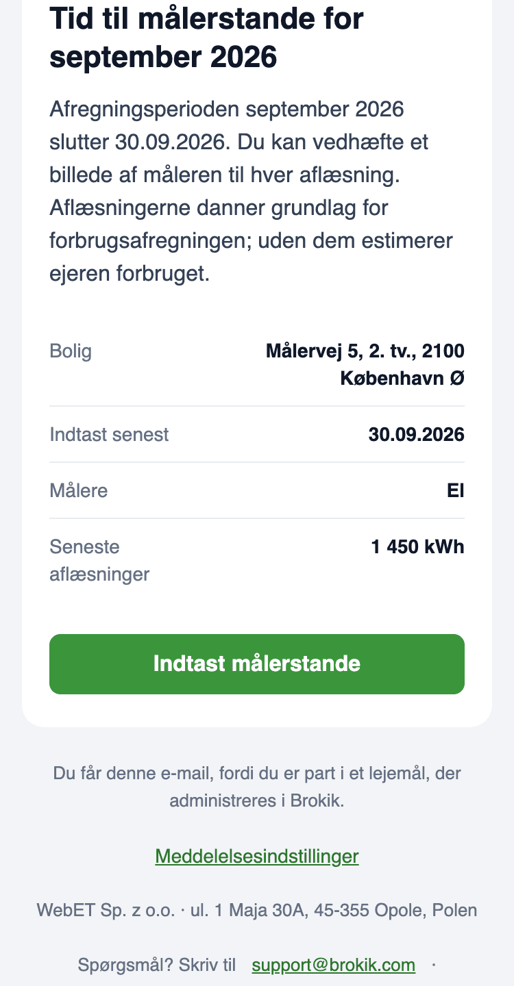 E-mail Tid til aflæsning på mobilen: lejemål Målervej 5, 2. tv., 2100 København Ø, frist 30.09.2026, målere El, seneste aflæsning 1 450 kWh og knappen Indtast målerstande.