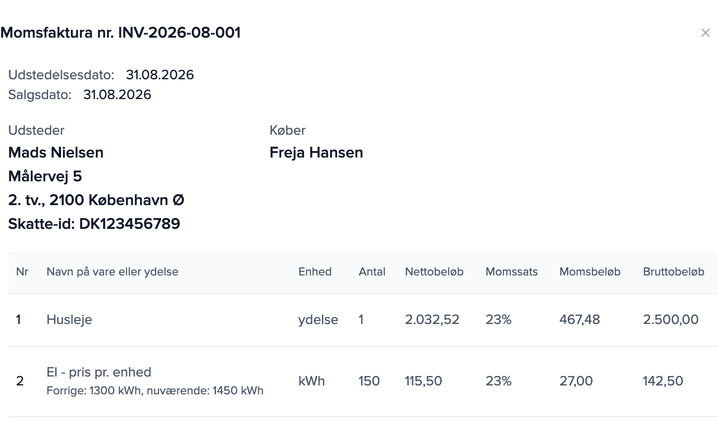 Afregning for august 2026 på ejerens skærm: husleje 2.500,00 kr. og posten „El - pris pr. enhed”: 150 kWh, i alt 142,50 kr.