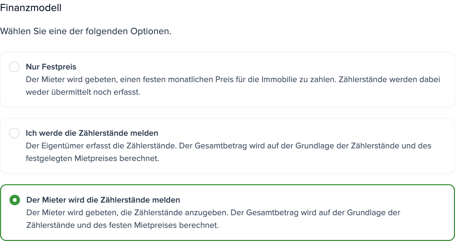 Zählereinstellungen der Immobilie: Abschnitt Finanzmodell mit ausgewählter Option Der Mieter wird die Zählerstände melden.
