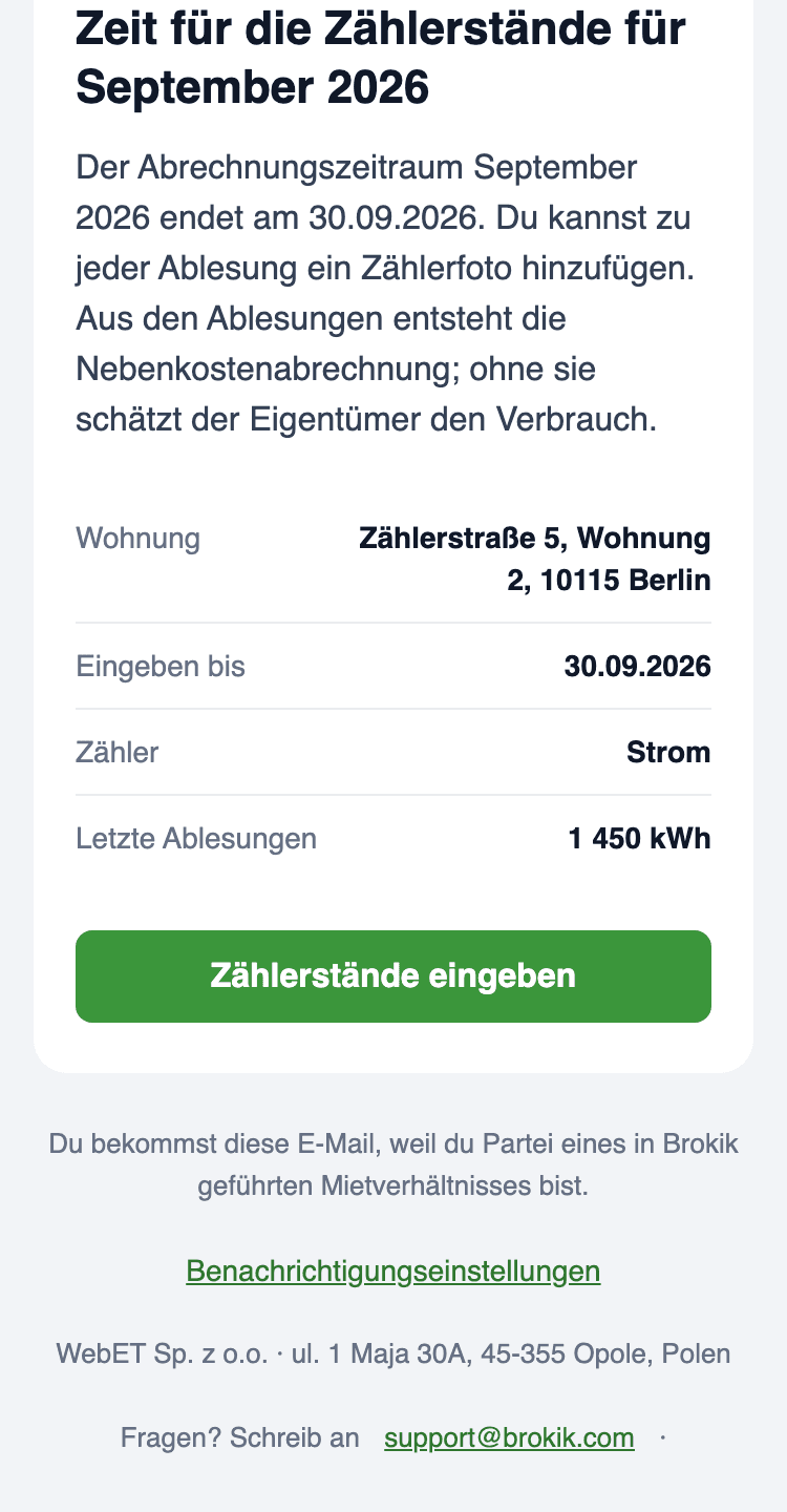 E-Mail „Zeit für die Zählerstände“ auf dem Handy: Objekt Zählerstraße 5, Wohnung 2, 10115 Berlin, Frist 30.09.2026, Zähler Strom, letzte Ablesungen 1 450 kWh und der Button Zählerstände eingeben.