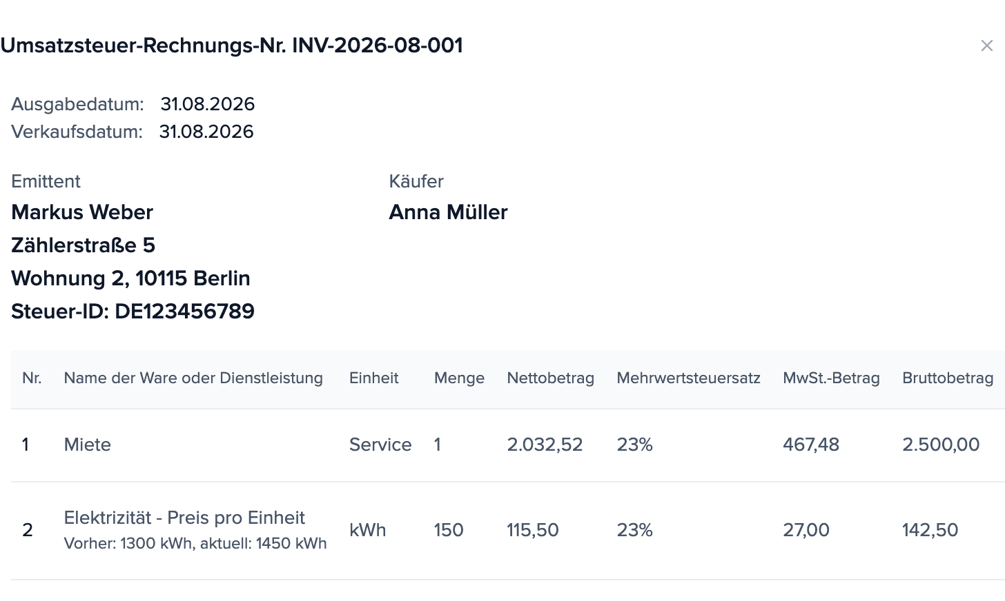 Abrechnung für August 2026 auf dem Bildschirm des Eigentümers: Miete 2.500,00 € und die Position „Elektrizität - Preis pro Einheit“: 150 kWh, insgesamt 142,50 €.