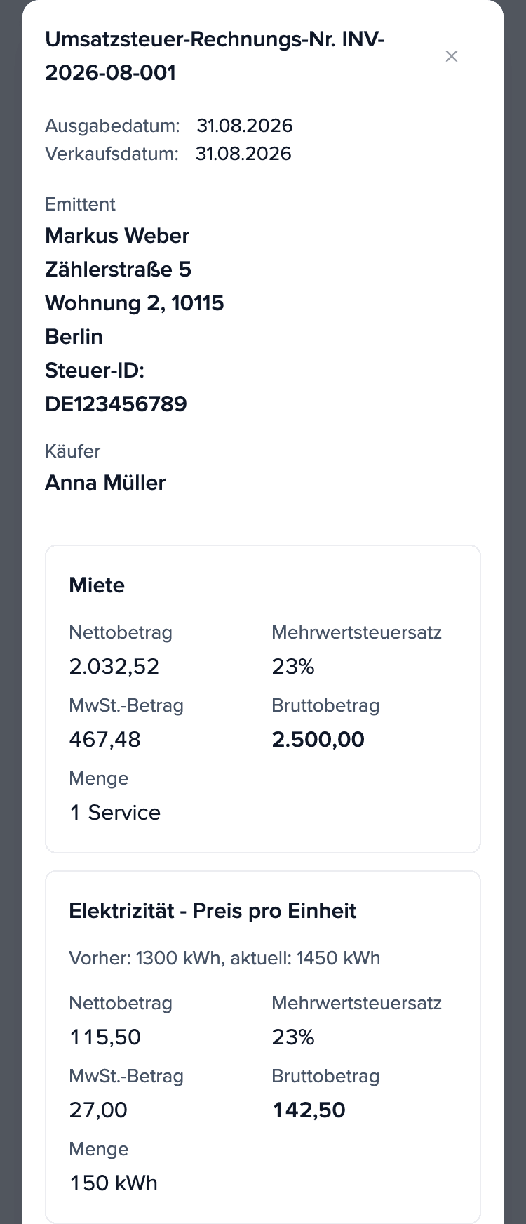 Abrechnung für August 2026 auf dem Handy des Mieters, Rechnung INV-2026-08-001: Miete 2.500,00 € und die Position „Elektrizität - Preis pro Einheit“: 150 kWh, insgesamt 142,50 €.