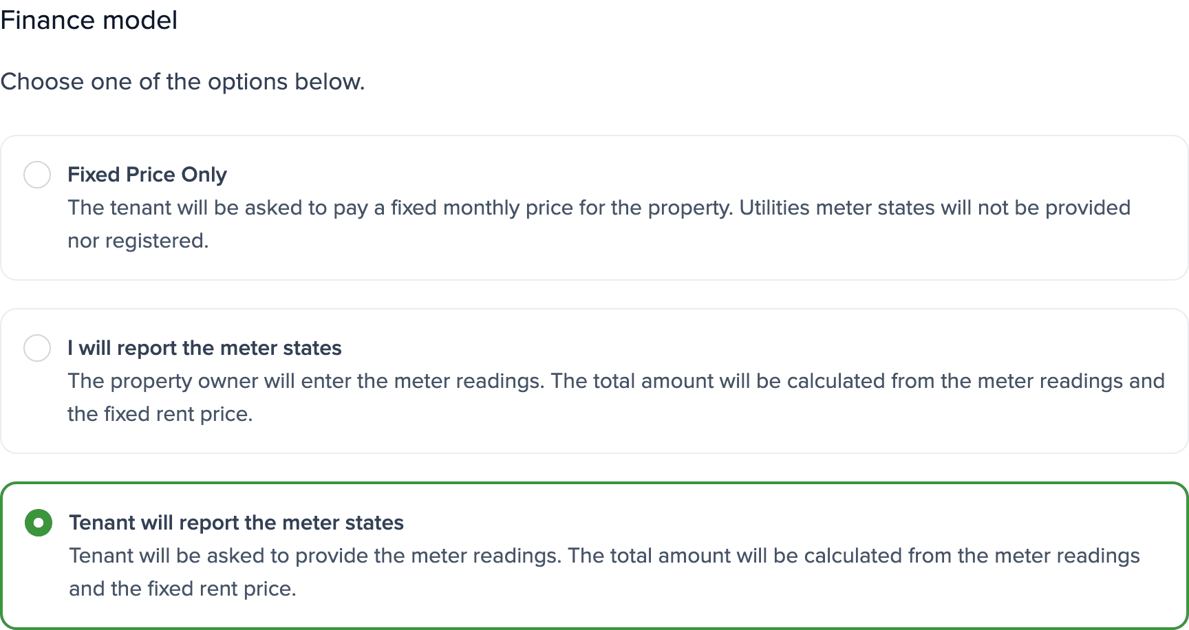Property meter settings: the Finance model section with the Tenant will report the meter states option selected.