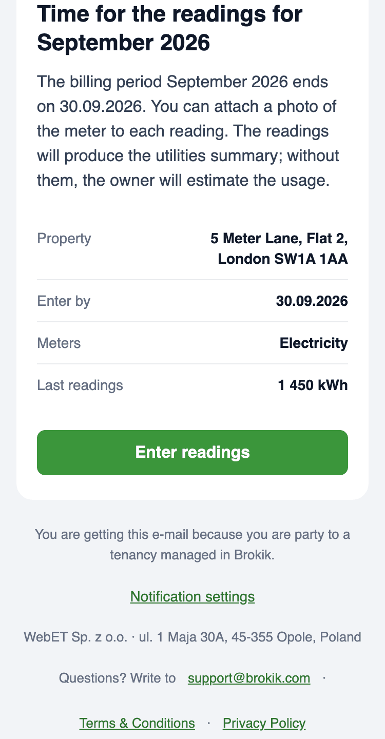 Time for the readings email on a phone: unit 5 Meter Lane, Flat 2, London SW1A 1AA, deadline 30.09.2026, meters Electricity, last readings 1 450 kWh and the Enter readings button.