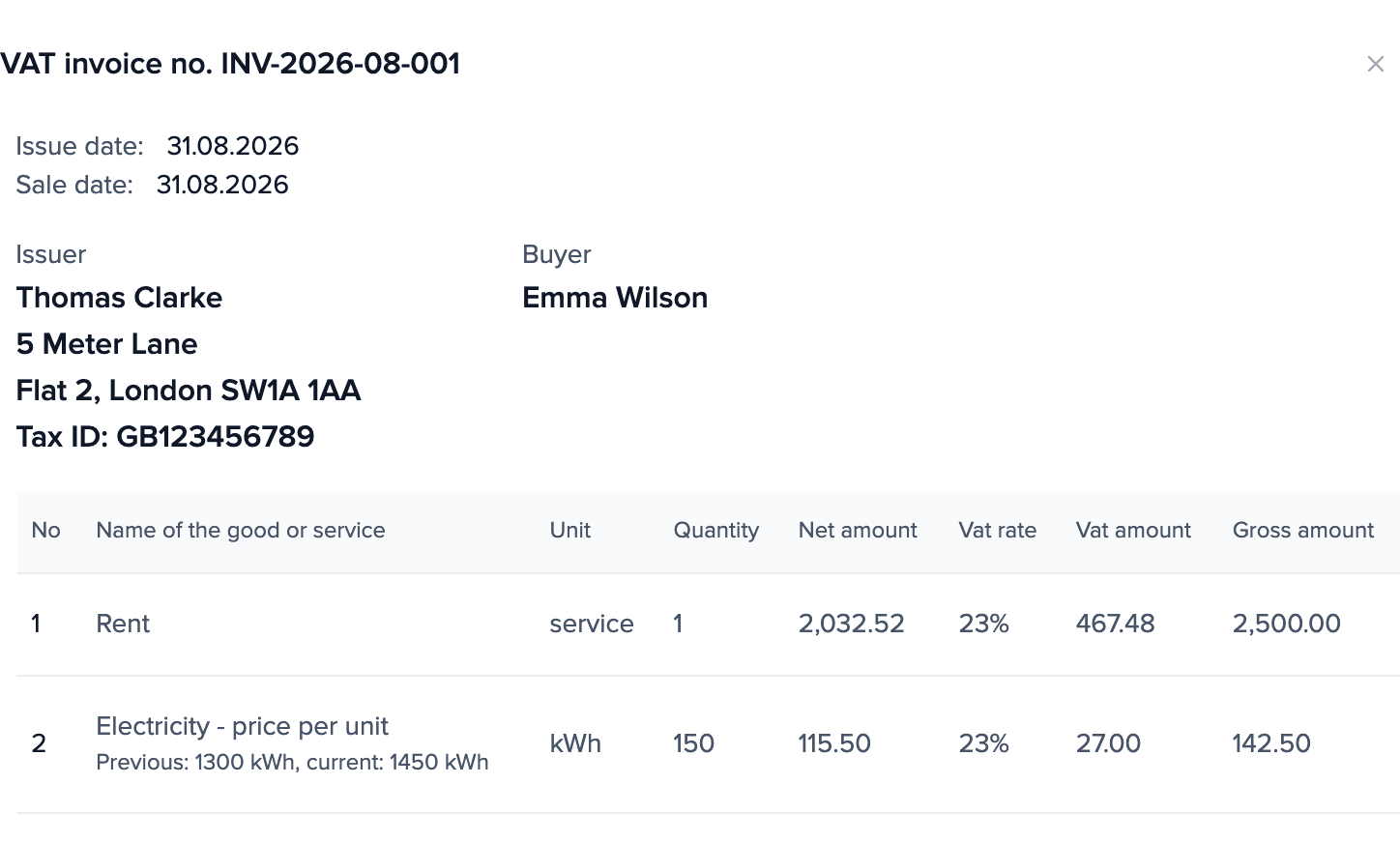August 2026 settlement on the owner’s screen: rent £2,500.00 and the line “Electricity - price per unit”: 150 kWh, £142.50 in total.