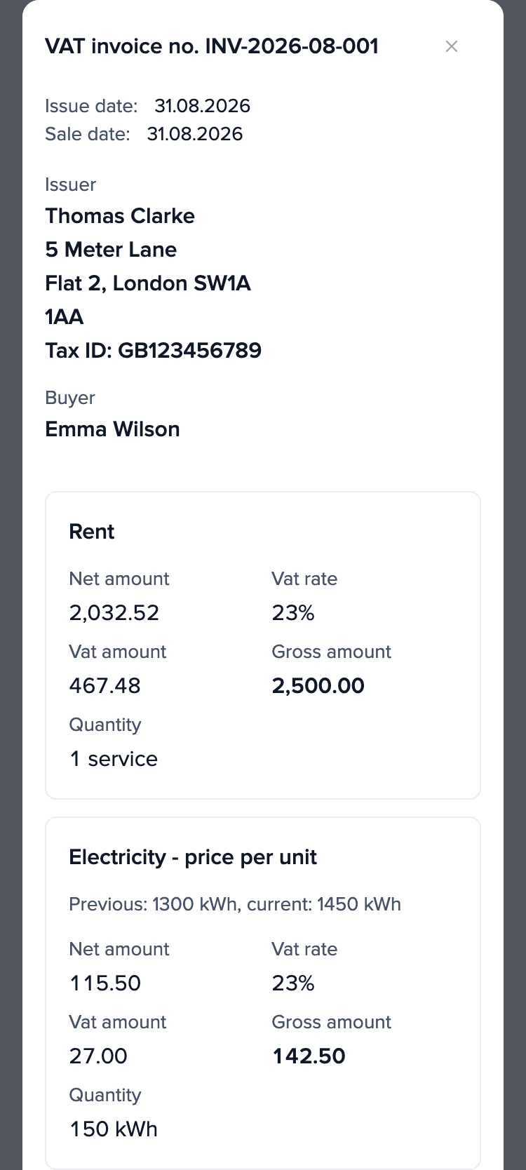 August 2026 settlement on the tenant’s phone, invoice INV-2026-08-001: rent £2,500.00 and the line “Electricity - price per unit”: 150 kWh, £142.50 in total.