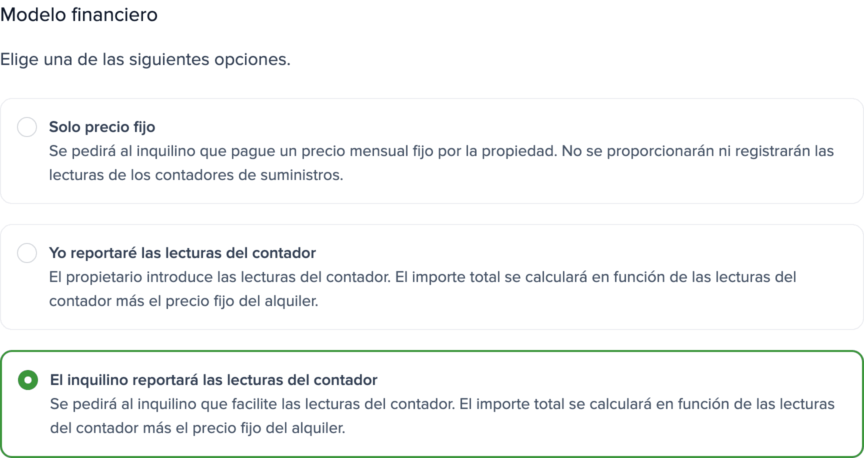 Ajustes de contadores de la propiedad: sección Modelo financiero con la opción El inquilino reportará las lecturas del contador seleccionada.