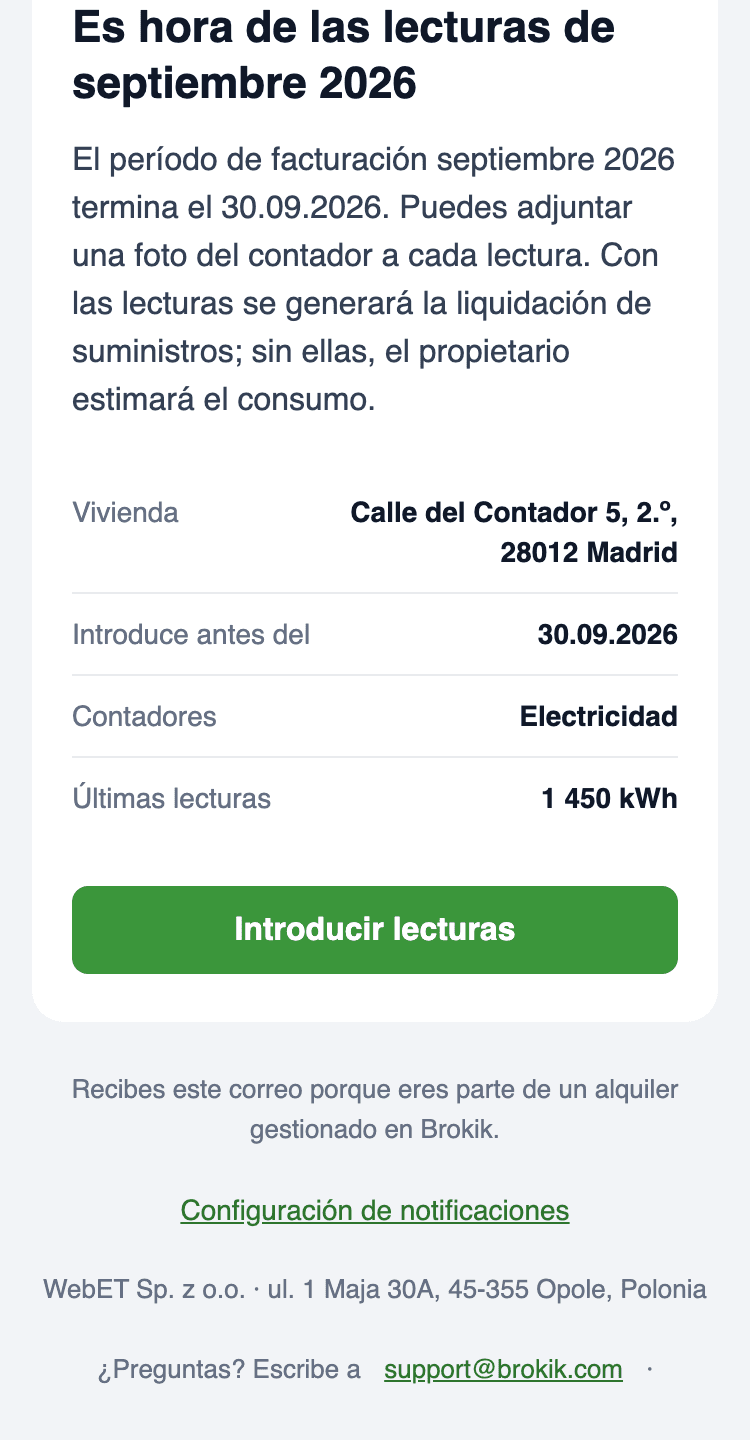 Correo Hora de las lecturas en el móvil: vivienda Calle del Contador 5, 2.º, 28012 Madrid, plazo 30.09.2026, contadores Electricidad, última lectura 1 450 kWh y el botón Introducir lecturas.