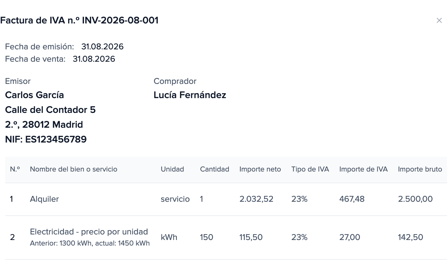 Liquidación de agosto de 2026 en la pantalla del propietario: alquiler 2.500,00 € y la línea «Electricidad - precio por unidad»: 150 kWh, total 142,50 €.
