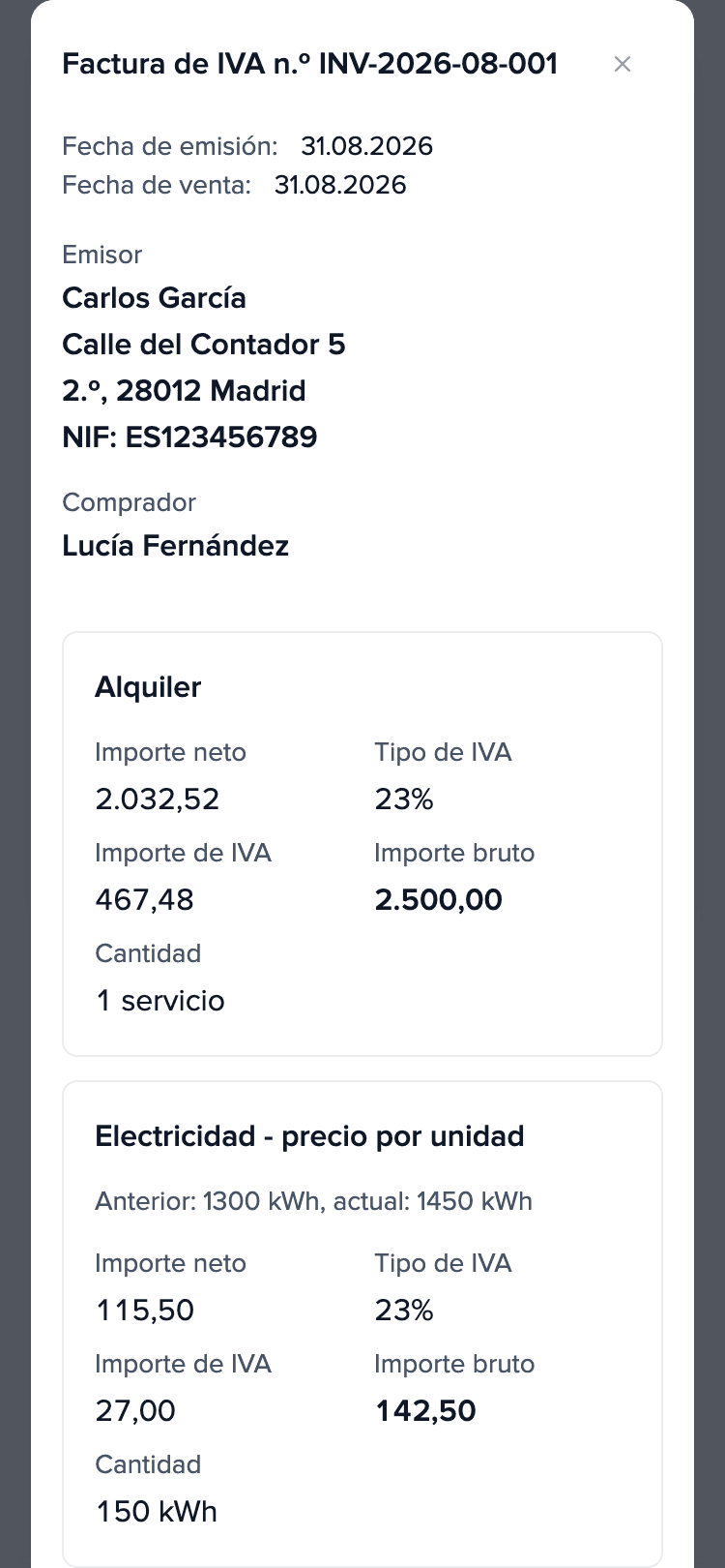 Liquidación de agosto de 2026 en el móvil del inquilino, factura INV-2026-08-001: alquiler 2.500,00 € y la línea «Electricidad - precio por unidad»: 150 kWh, total 142,50 €.