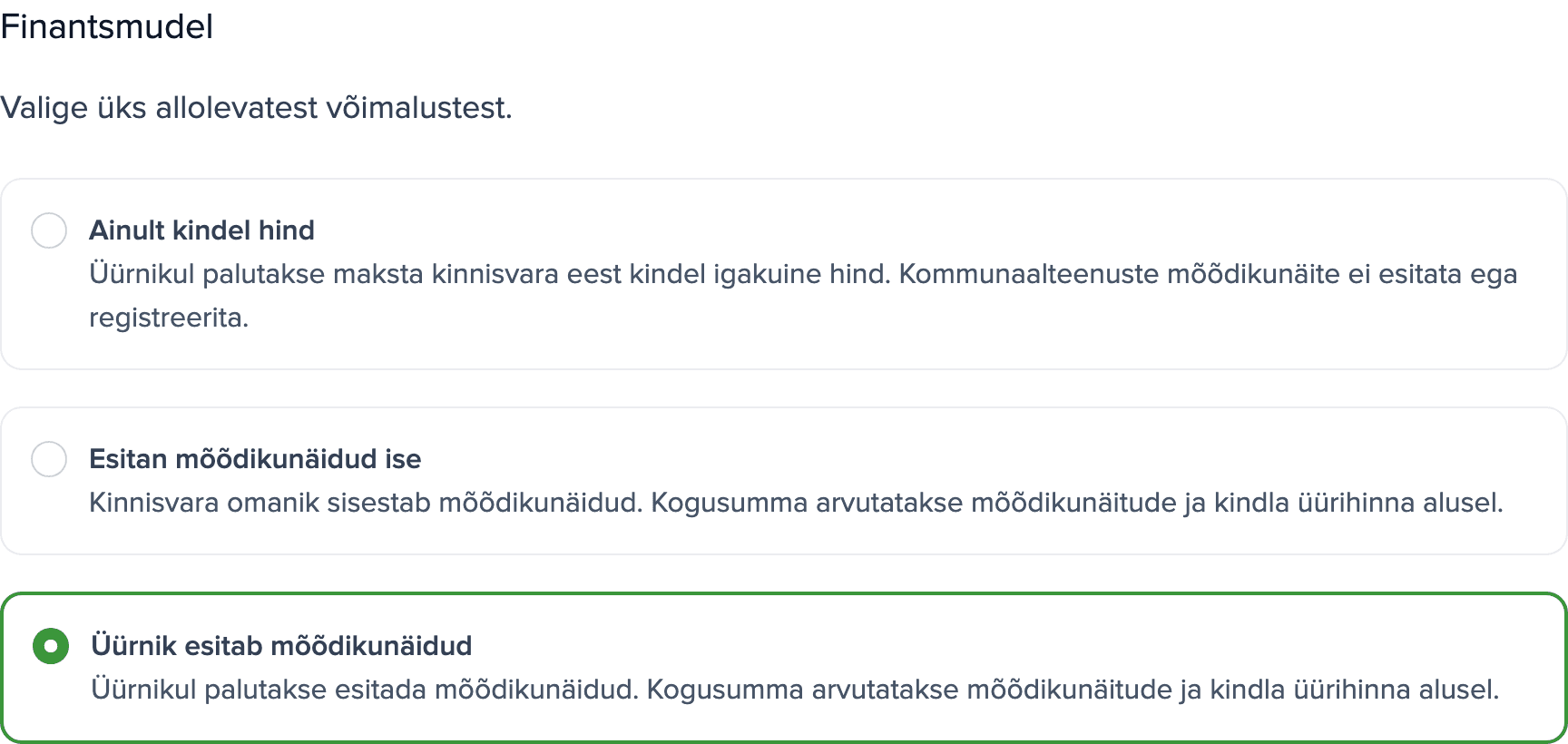 Kinnisvara arvestite seaded: jaotis Finantsmudel valitud suvandiga Üürnik esitab mõõdikunäidud.