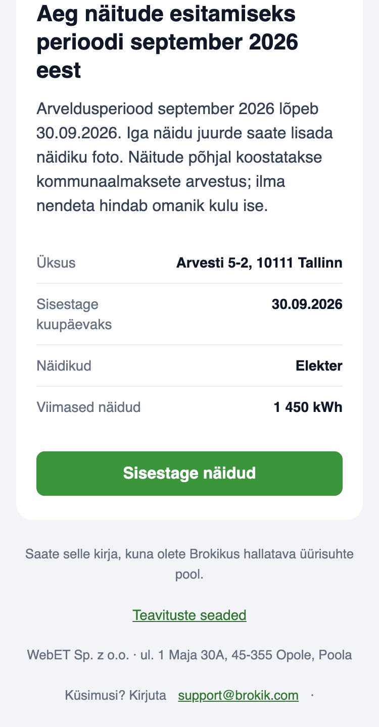 E-kiri Aeg näite esitada telefonis: objekt Arvesti 5-2, 10111 Tallinn, tähtaeg 30.09.2026, arvestid Elekter, viimane näit 1 450 kWh ja nupp Sisestage näidud.