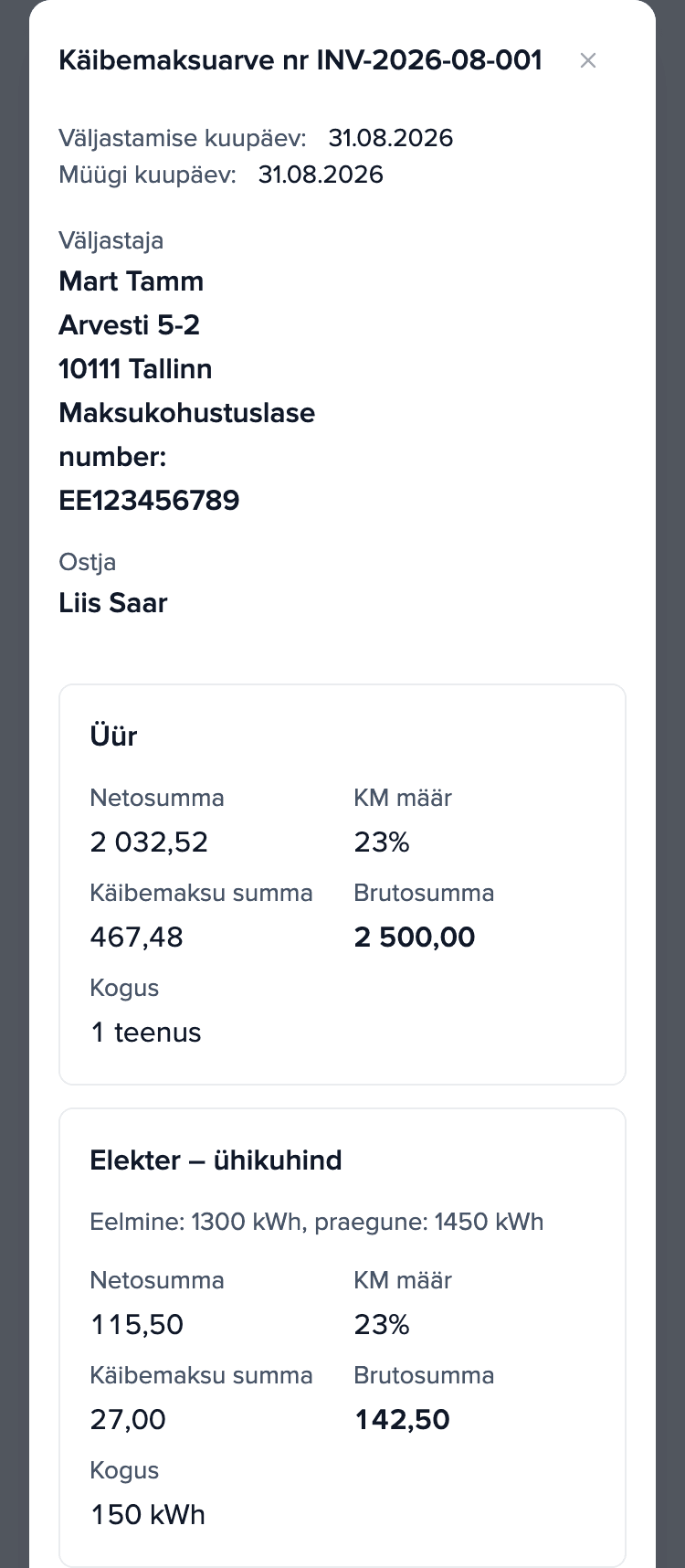 2026. aasta augusti arveldus üürniku telefonis, arve INV-2026-08-001: üür 2 500,00 € ja rida „Elekter – ühikuhind”: 150 kWh, kokku 142,50 €.