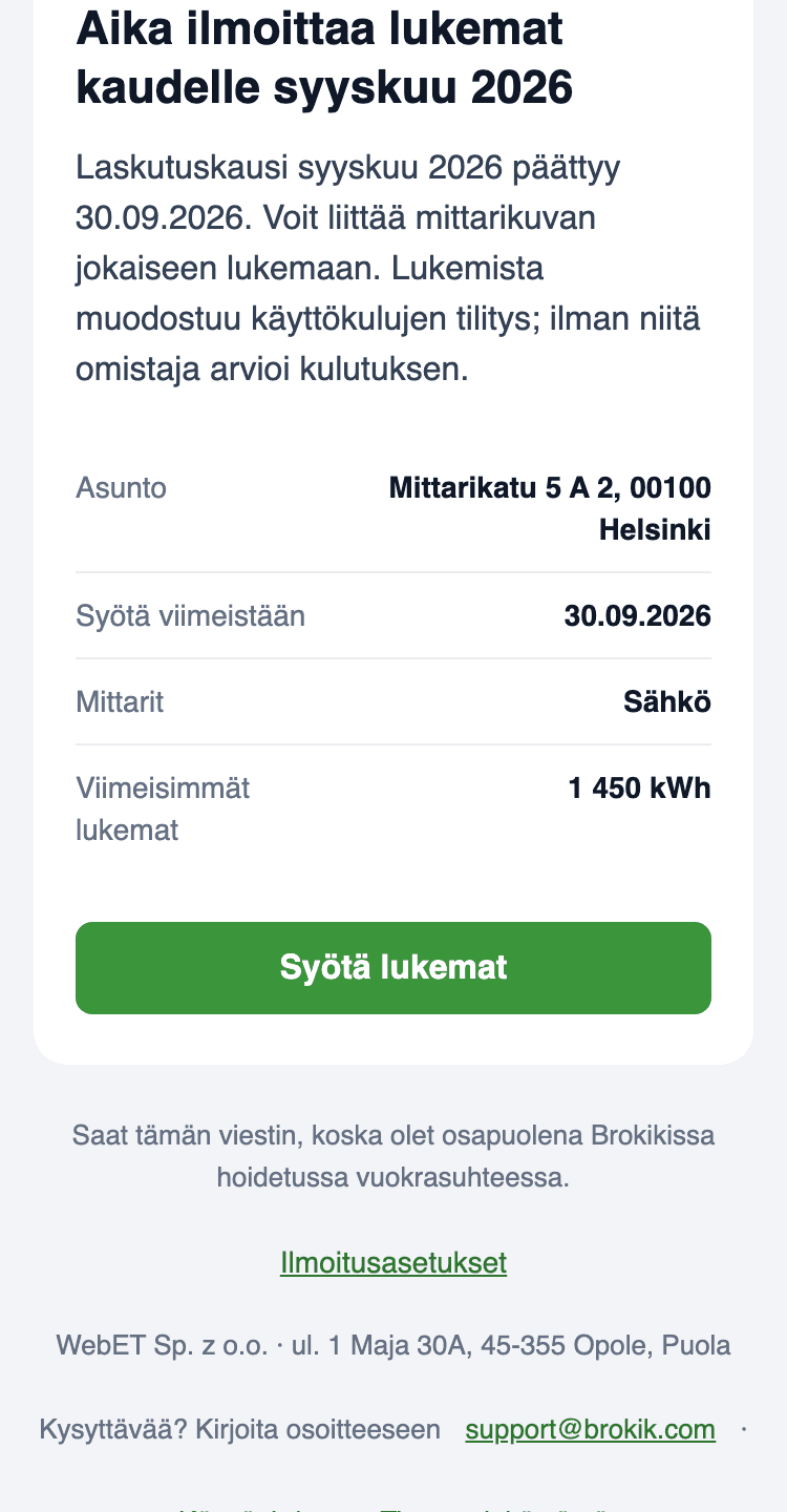 Sähköposti Aika lukemille puhelimessa: kohde Mittarikatu 5 A 2, 00100 Helsinki, määräaika 30.09.2026, mittarit Sähkö, viimeisin lukema 1 450 kWh ja painike Syötä lukemat.