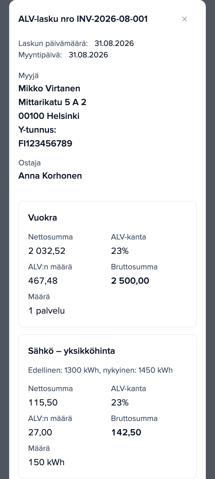 Elokuun 2026 tasaus vuokralaisen puhelimessa, lasku INV-2026-08-001: vuokra 2 500,00 € ja rivi „Sähkö – yksikköhinta”: 150 kWh, yhteensä 142,50 €.