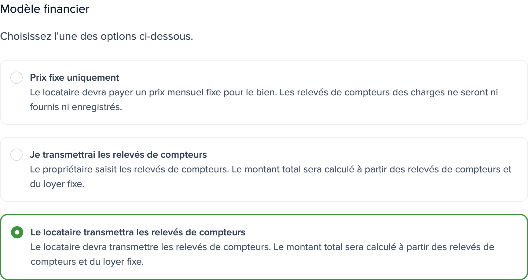 Paramètres des compteurs du bien : section Modèle financier avec l’option Le locataire transmettra les relevés de compteurs sélectionnée.
