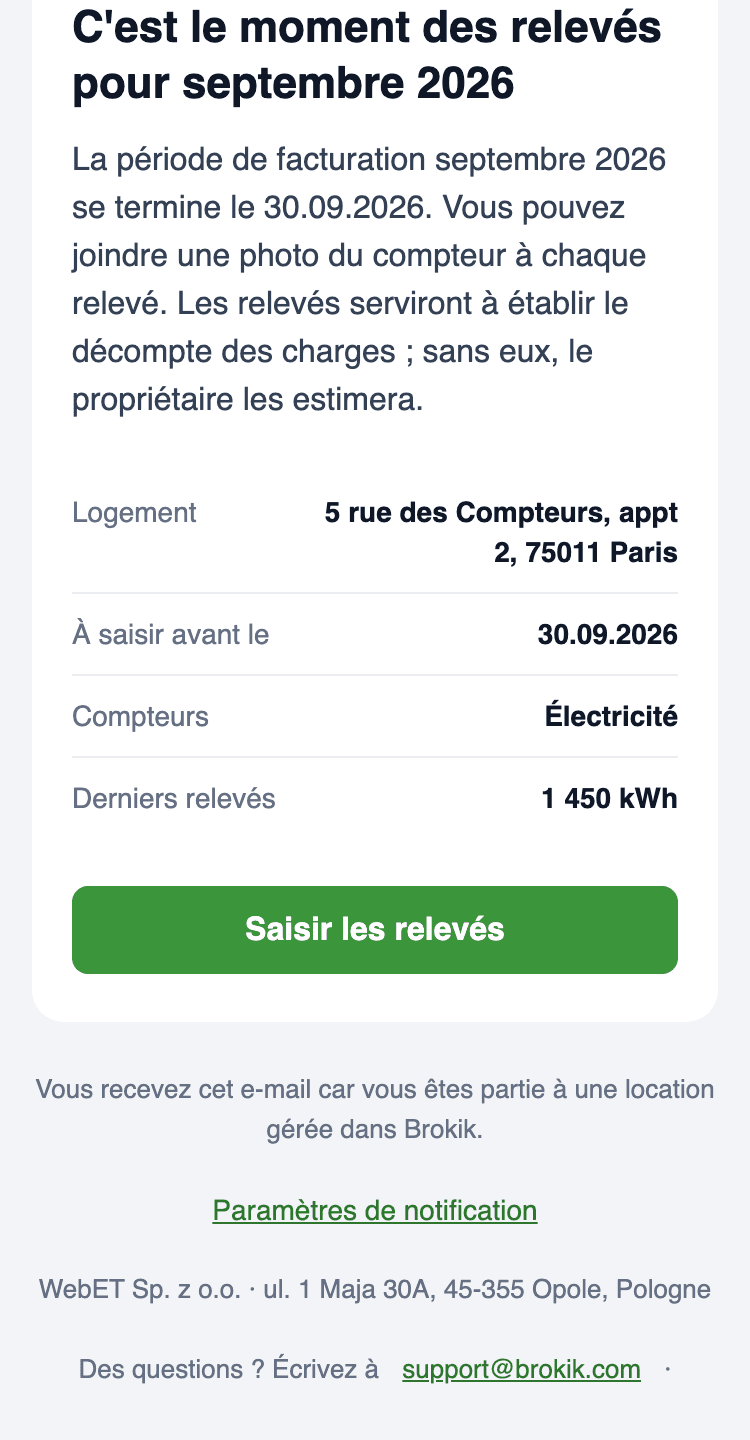 E-mail Il est temps de relever les compteurs sur le téléphone : logement 5 rue des Compteurs, appt 2, 75011 Paris, échéance 30.09.2026, compteurs Électricité, derniers relevés 1 450 kWh et le bouton Saisir les relevés.