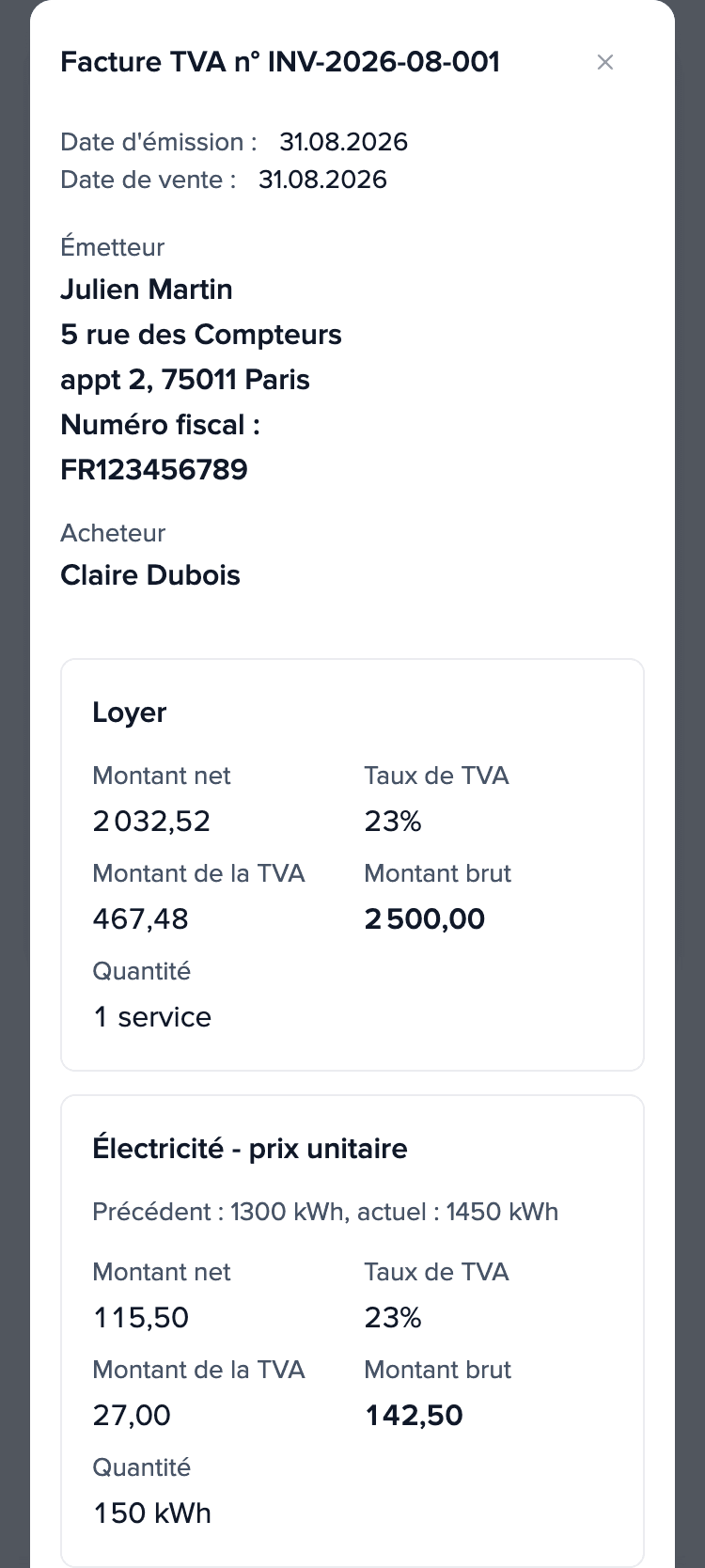 Régularisation d’août 2026 sur le téléphone du locataire, facture INV-2026-08-001 : loyer 2 500,00 € et le poste « Électricité - prix unitaire » : 150 kWh, 142,50 € au total.