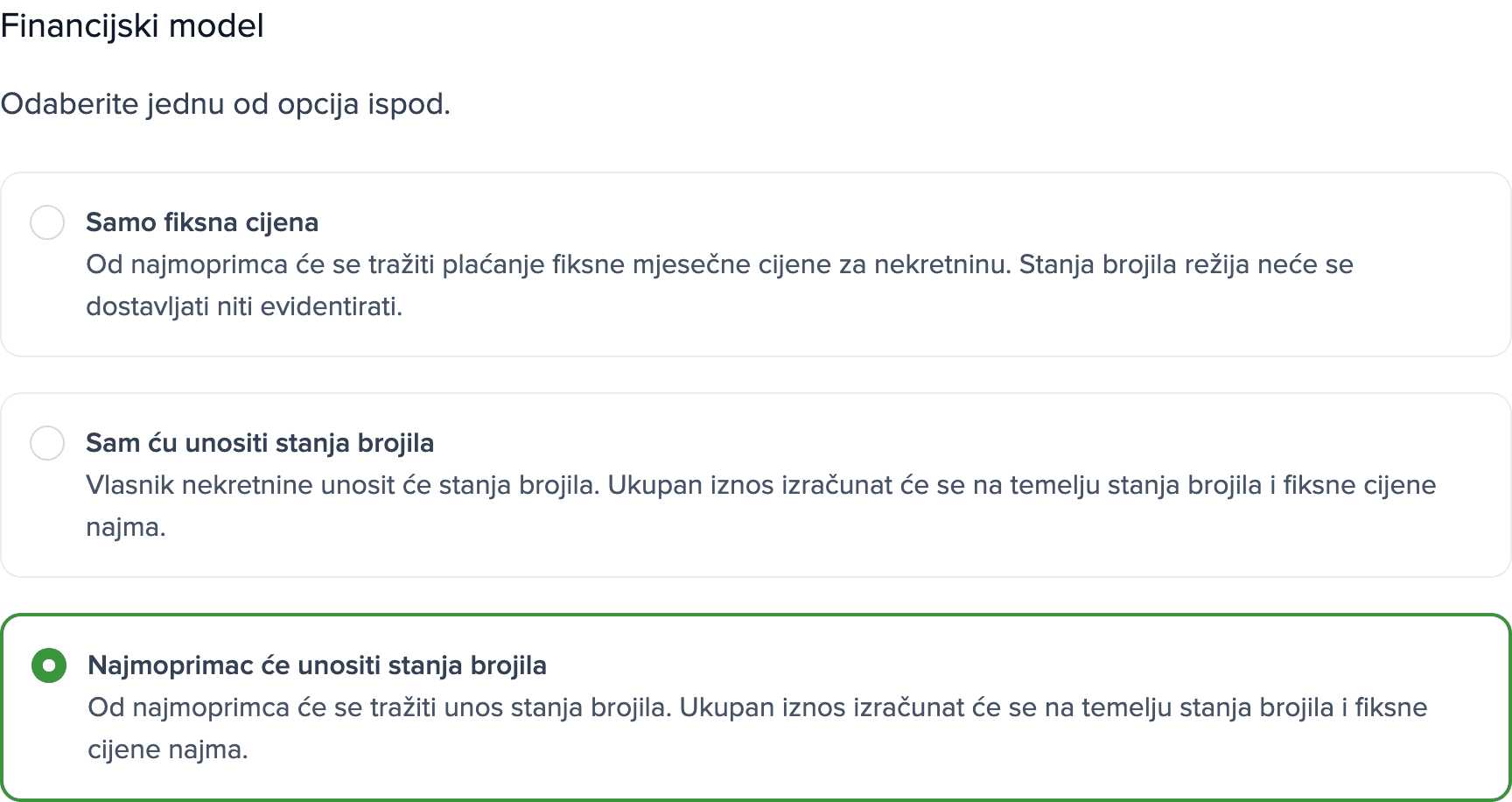 Postavke brojila nekretnine: odjeljak Financijski model s odabranom opcijom Najmoprimac će unositi stanja brojila.