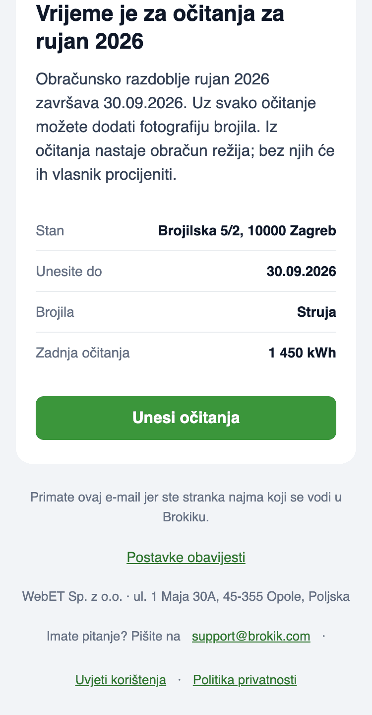 E-pošta Vrijeme za očitanja na mobitelu: jedinica Brojilska 5/2, 10000 Zagreb, rok 30.09.2026, brojila Struja, posljednje očitanje 1 450 kWh i gumb Unesi očitanja.