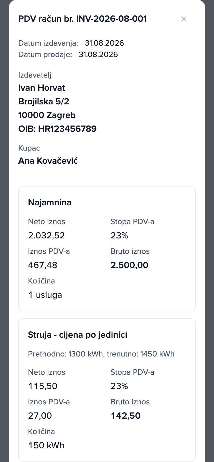 Obračun za kolovoz 2026 na mobitelu najmoprimca, račun INV-2026-08-001: najamnina 2.500,00 € i stavka „Struja - cijena po jedinici”: 150 kWh, ukupno 142,50 €.