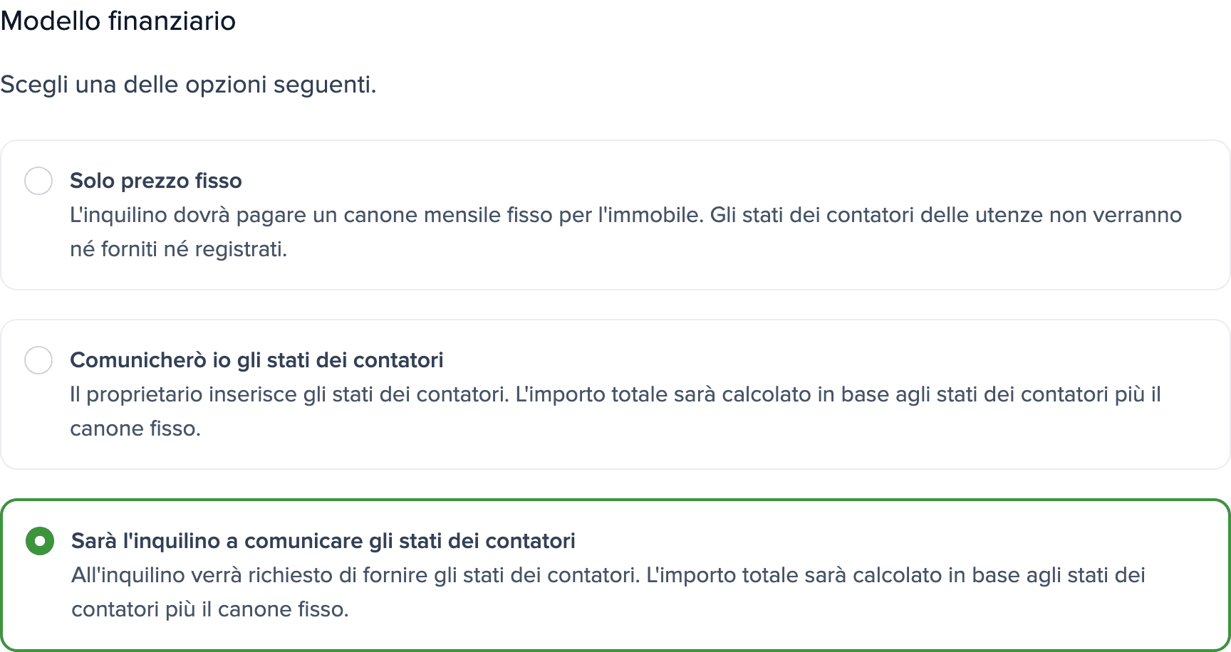 Impostazioni contatori dell'immobile: sezione Modello finanziario con l'opzione Sarà l'inquilino a comunicare gli stati dei contatori selezionata.