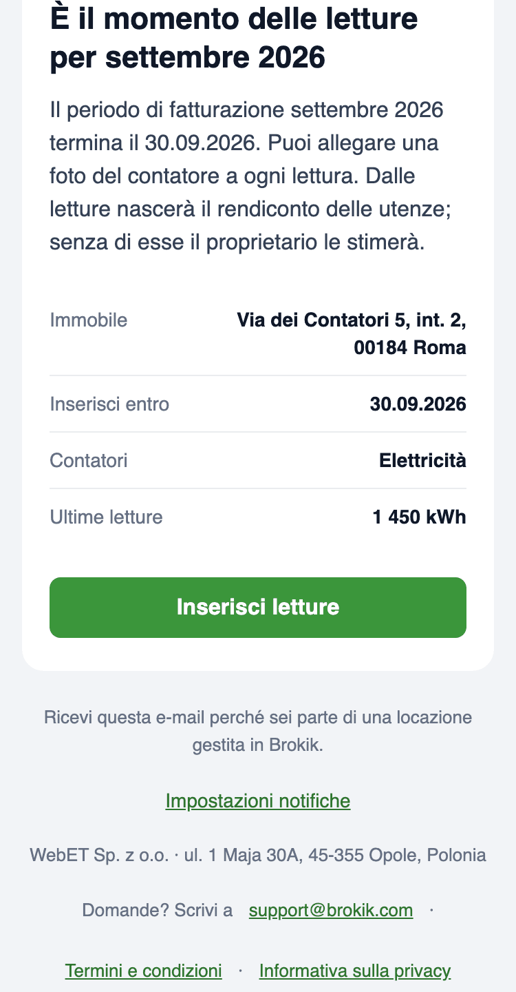 Email È il momento delle letture sul telefono: unità Via dei Contatori 5, int. 2, 00184 Roma, scadenza 30.09.2026, contatori Elettricità, ultime letture 1 450 kWh e il pulsante Inserisci letture.