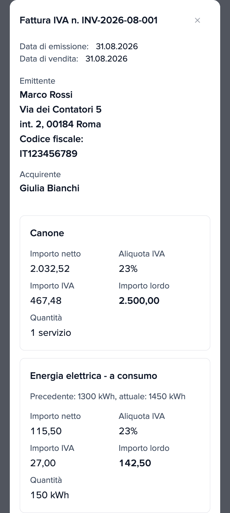 Conguaglio di agosto 2026 sul telefono dell’inquilino, fattura INV-2026-08-001: affitto 2.500,00 € e la voce „Energia elettrica - a consumo”: 150 kWh, totale 142,50 €.