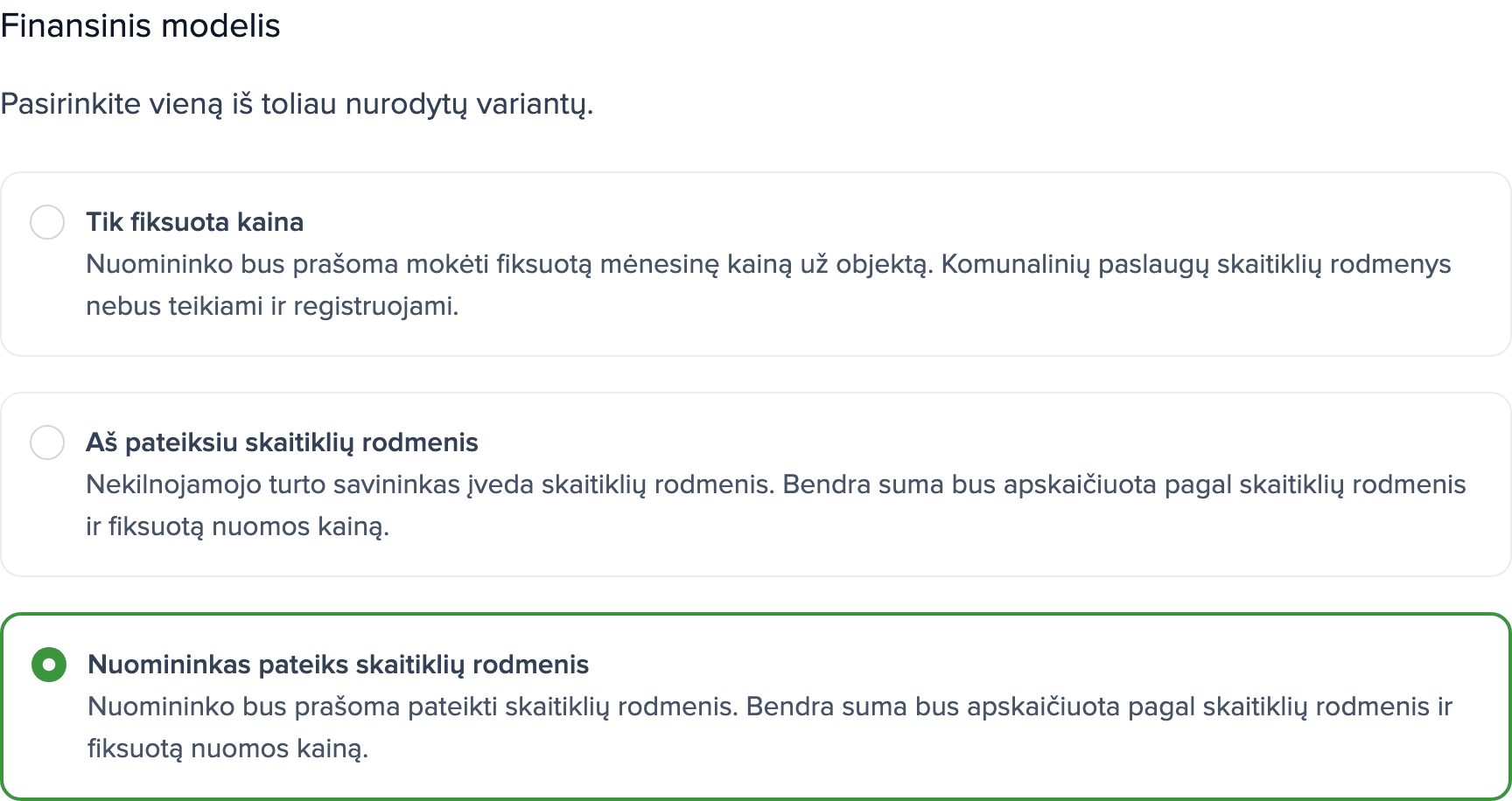 Turto skaitiklių nustatymai: skiltis Finansinis modelis su pasirinkta parinktimi Nuomininkas pateiks skaitiklių rodmenis.