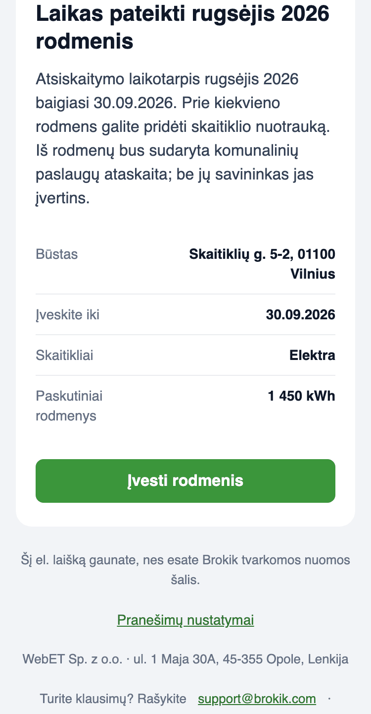 El. laiškas Laikas pateikti rodmenis telefone: patalpa Skaitiklių g. 5-2, 01100 Vilnius, terminas 30.09.2026, skaitikliai Elektra, paskutinis rodmuo 1 450 kWh ir mygtukas Įvesti rodmenis.