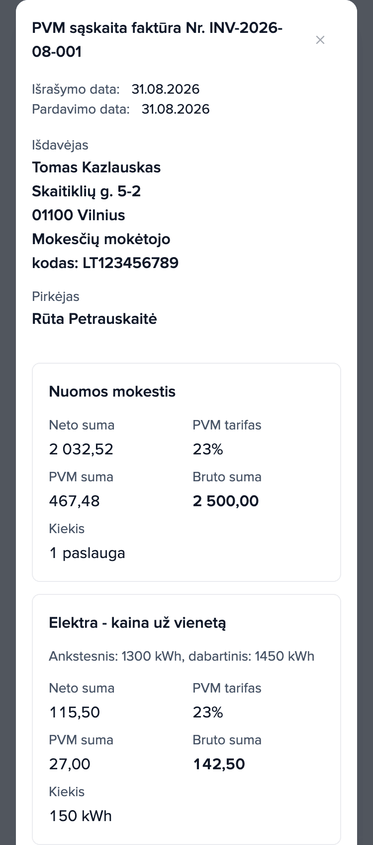 2026 m. rugpjūčio sąskaita nuomininko telefone, sąskaita faktūra INV-2026-08-001: nuoma 2 500,00 € ir eilutė „Elektra - kaina už vienetą”: 150 kWh, iš viso 142,50 €.