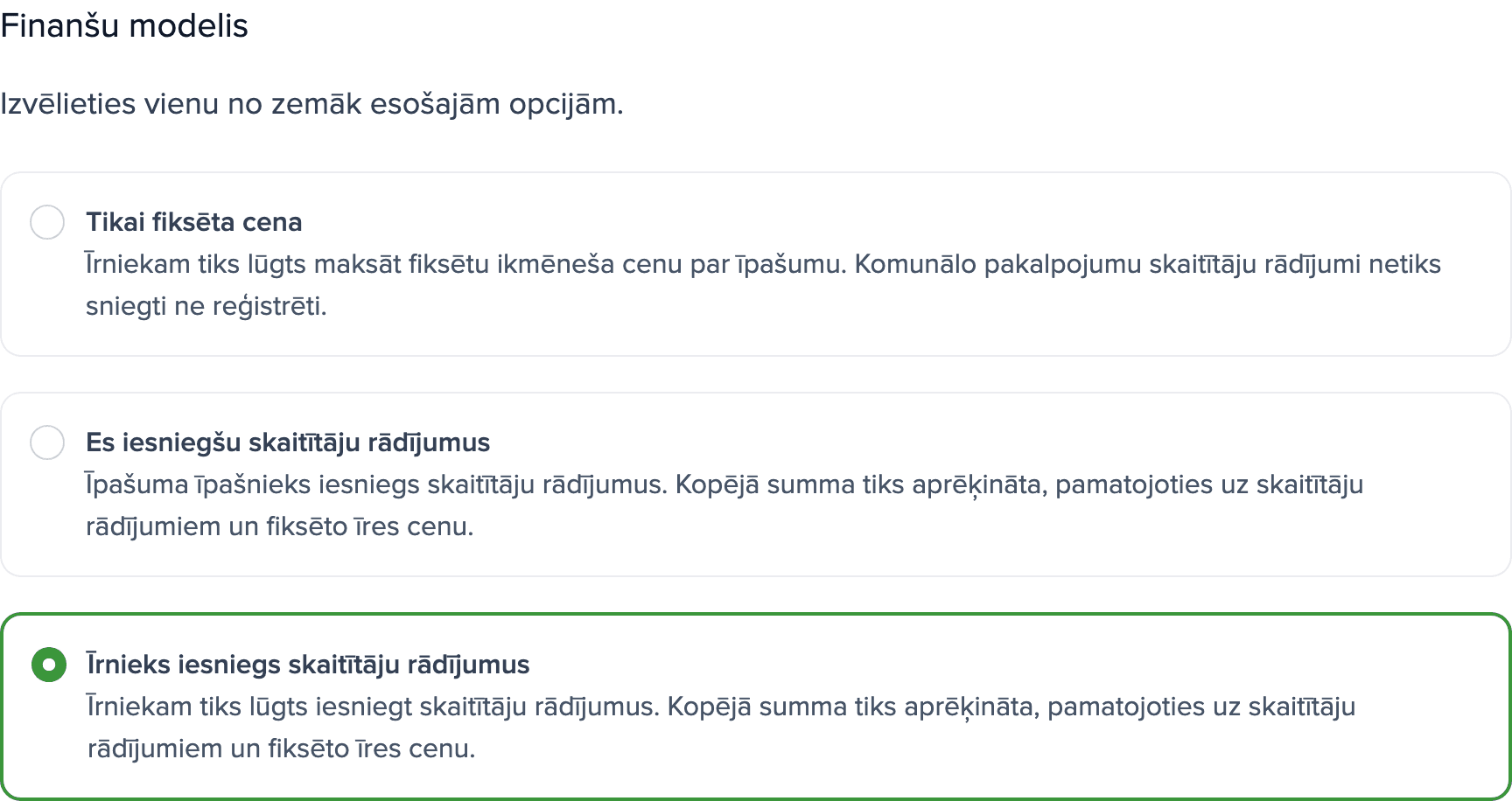 Īpašuma skaitītāju iestatījumi: sadaļa Finanšu modelis ar atzīmētu opciju Īrnieks iesniegs skaitītāju rādījumus.