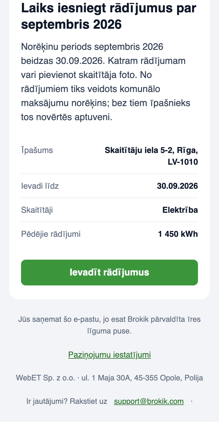 E-pasts Laiks iesniegt rādījumus tālrunī: objekts Skaitītāju iela 5-2, Rīga, LV-1010, termiņš 30.09.2026, skaitītāji Elektrība, pēdējais rādījums 1 450 kWh un poga Ievadīt rādījumus.