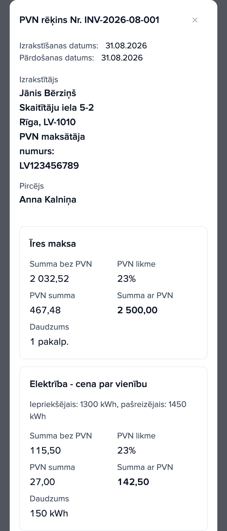 2026. gada augusta norēķins īrnieka tālrunī, rēķins INV-2026-08-001: īre 2 500,00 € un rinda „Elektrība - cena par vienību”: 150 kWh, kopā 142,50 €.