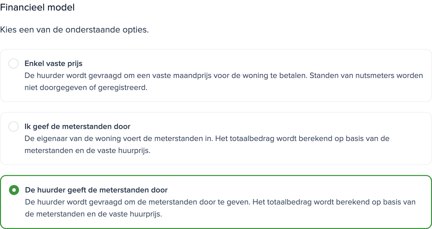 Meterinstellingen van het pand: sectie Financieel model met de optie De huurder geeft de meterstanden door geselecteerd.