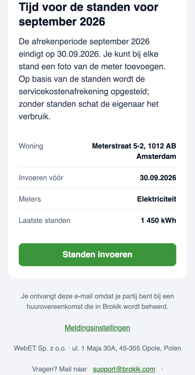 E-mail Tijd voor de meterstanden op de telefoon: adres Meterstraat 5-2, 1012 AB Amsterdam, deadline 30.09.2026, meters Elektriciteit, laatste stand 1 450 kWh en de knop Standen invoeren.