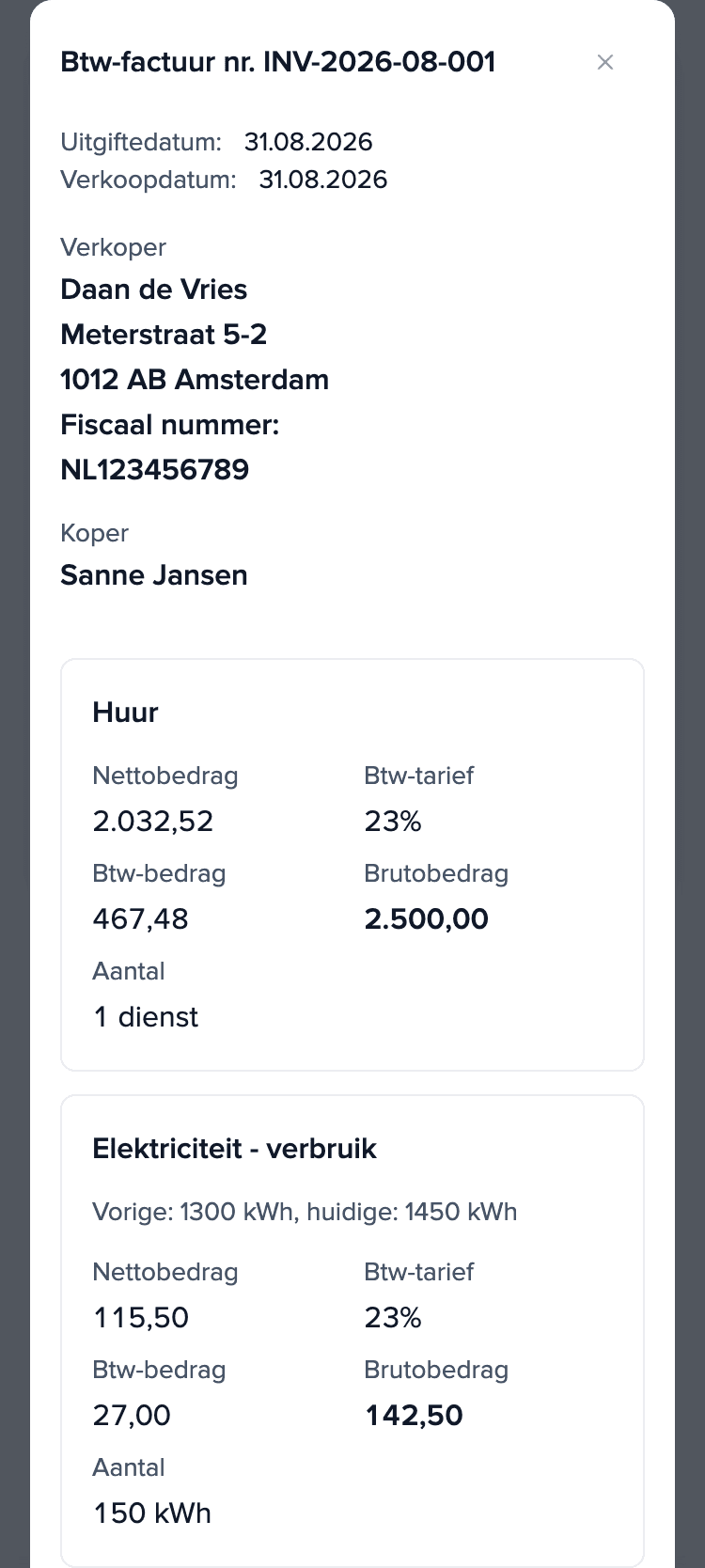 Afrekening over augustus 2026 op de telefoon van de huurder, factuur INV-2026-08-001: huur € 2.500,00 en de regel „Elektriciteit - verbruik”: 150 kWh, totaal € 142,50.