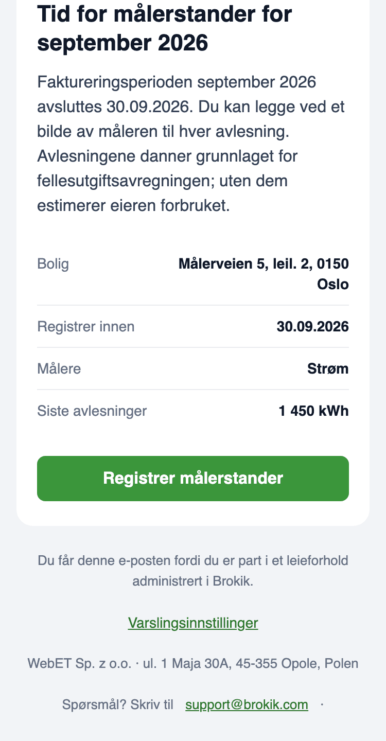 E-post Tid for avlesning på mobilen: enhet Målerveien 5, leil. 2, 0150 Oslo, frist 30.09.2026, målere Strøm, siste avlesning 1 450 kWh og knappen Registrer målerstander.
