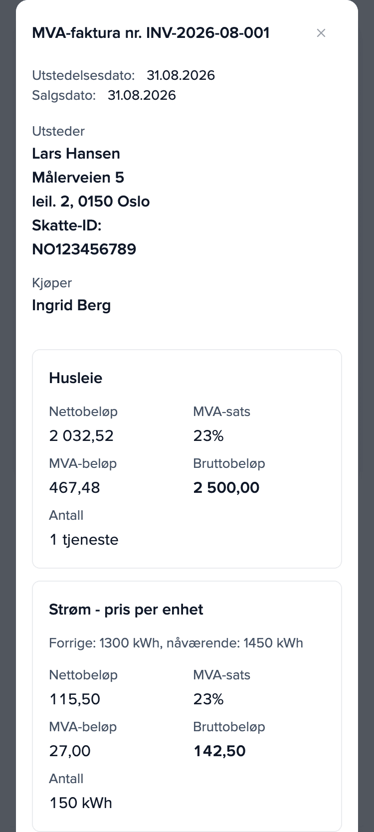 Avregning for august 2026 på leietakerens mobil, faktura INV-2026-08-001: husleie 2 500,00 kr og posten «Strøm - pris per enhet»: 150 kWh, totalt 142,50 kr.