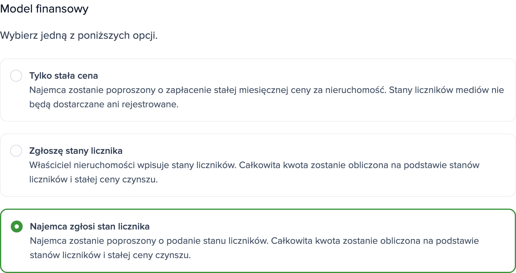 Ustawienia liczników nieruchomości: sekcja Model finansowy z zaznaczoną opcją Najemca zgłosi stan licznika.