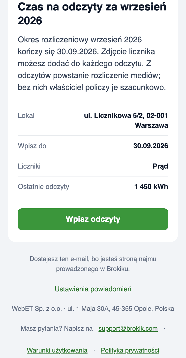 E-mail Czas na odczyty na telefonie: lokal ul. Licznikowa 5/2, 02-001 Warszawa, termin 30.09.2026, liczniki Prąd, ostatnie odczyty 1 450 kWh i przycisk Wpisz odczyty.
