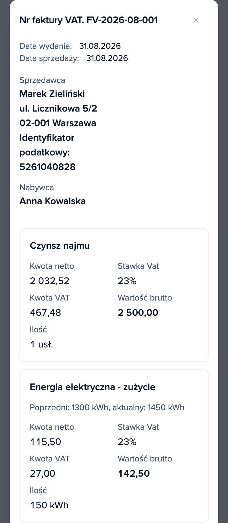 Rozliczenie za sierpień 2026 na telefonie najemcy, faktura FV-2026-08-001: czynsz 2 500,00 zł i pozycja „Energia elektryczna - zużycie”: 150 kWh, razem 142,50 zł.