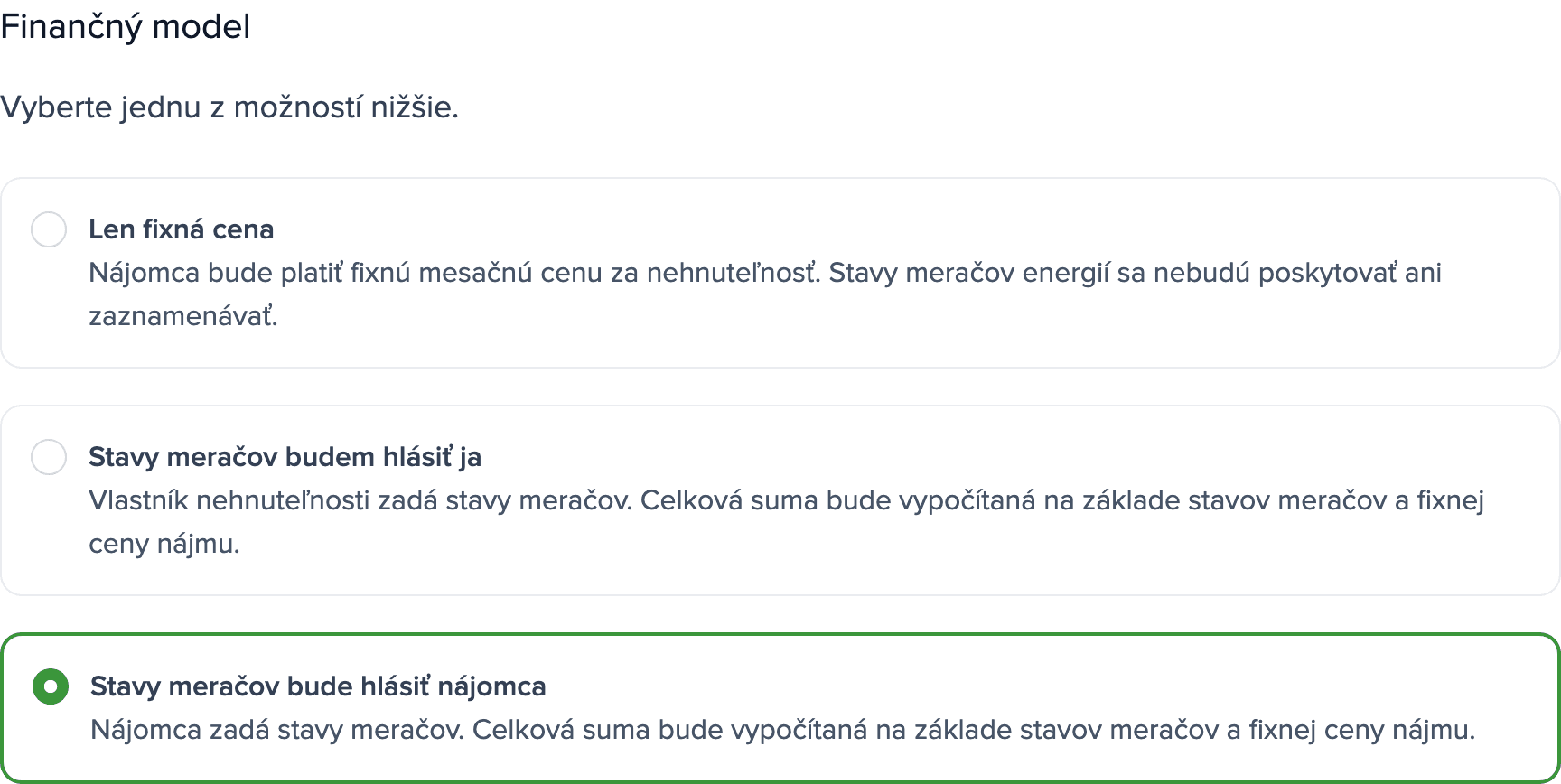 Nastavenia meračov nehnuteľnosti: sekcia Finančný model s vybranou možnosťou Stavy meračov bude hlásiť nájomca.